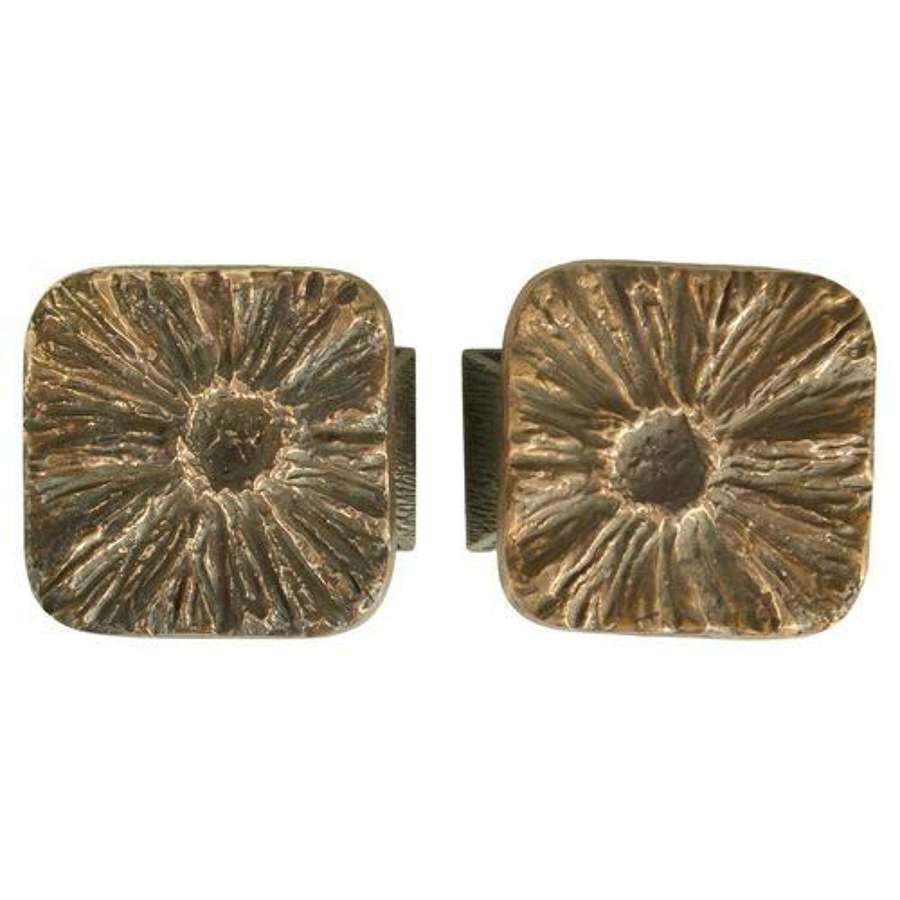Brutalist Pair of Bronze Square Push Pull Door Handles Flower Relief