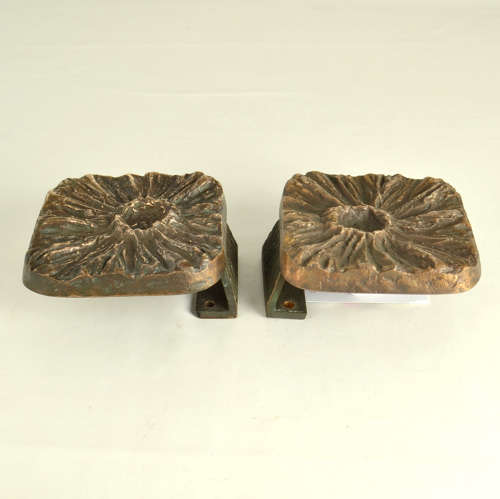 Brutalist Pair of Bronze Square Push Pull Door Handles Flower Relief