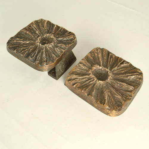 Brutalist Pair of Bronze Square Push Pull Door Handles Flower Relief