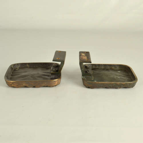 Brutalist Pair of Bronze Square Push Pull Door Handles Flower Relief