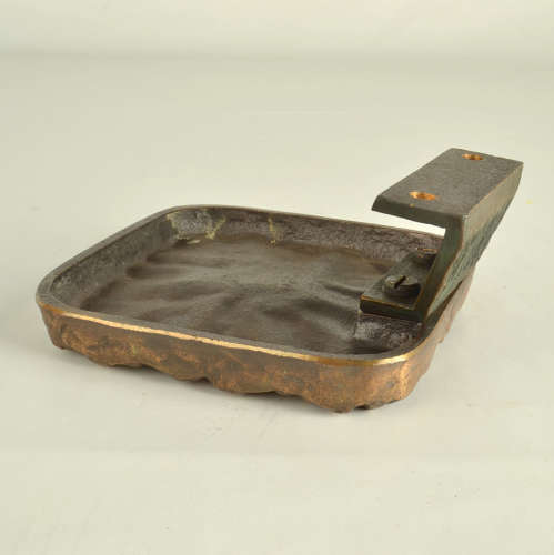 Brutalist Pair of Bronze Square Push Pull Door Handles Flower Relief