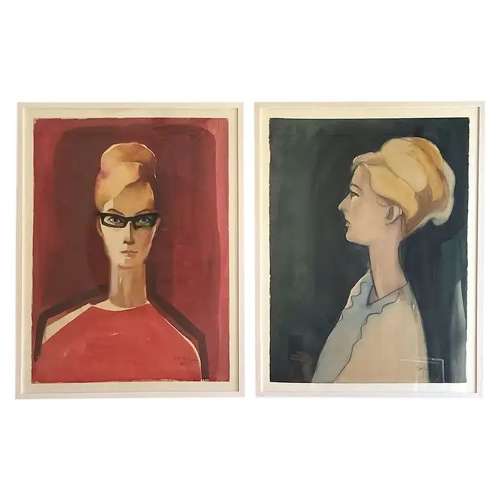 Two Watercolour Portraits of Artist Uta Majmudra 1960's