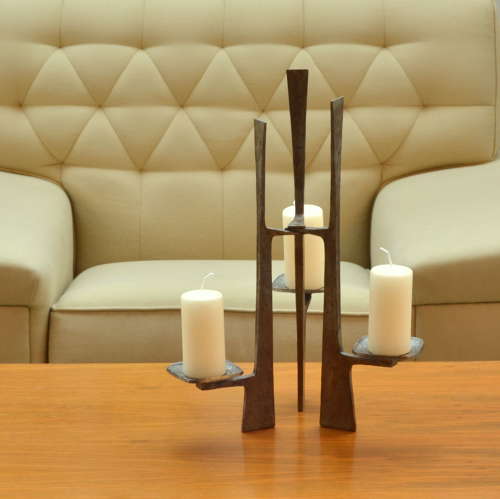 Sculptural Three-Arm Candelabra in Forged Steel
