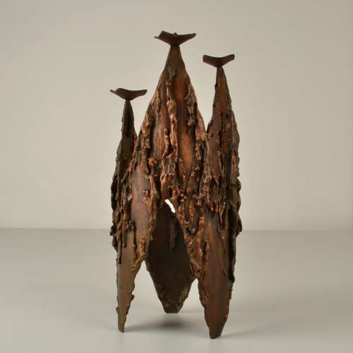 Brutalist Copper Three-Arm Candelabra