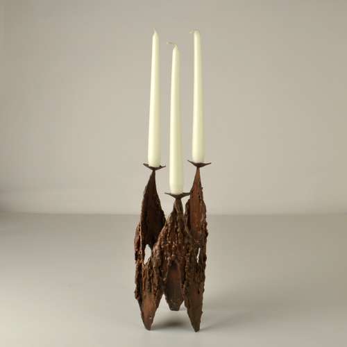 Brutalist Copper Three-Arm Candelabra