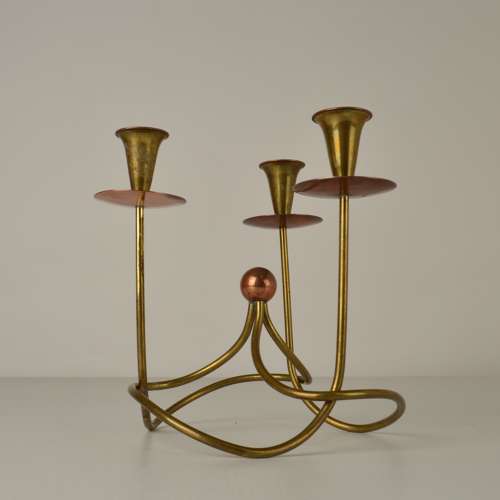 Gunnar Ander Three-Arm Candelabra in copper and brass
