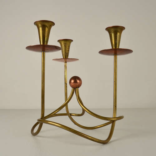 Gunnar Ander Three-Arm Candelabra in copper and brass