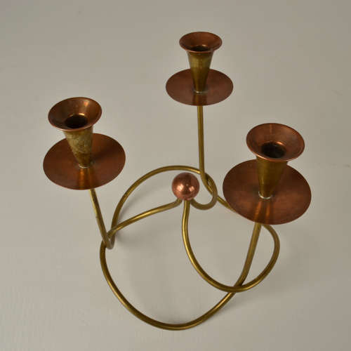 Gunnar Ander Three-Arm Candelabra in copper and brass