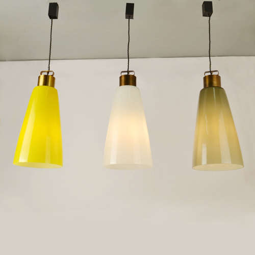 Set of Three Vistosi Bell Shape Pendants Lamp in Murano Glass & Brass