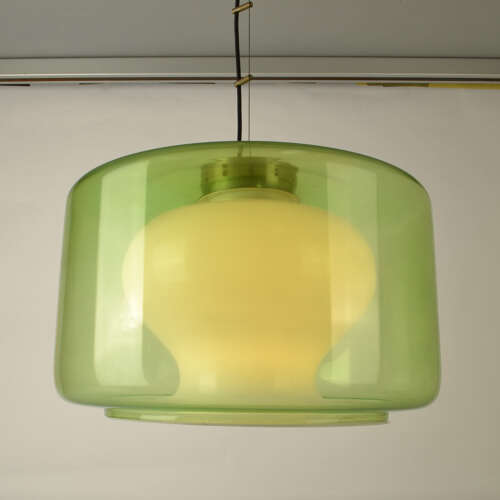 Large Green & Opaline Glass Pendant Attributed to Carlo Nason Mazzega