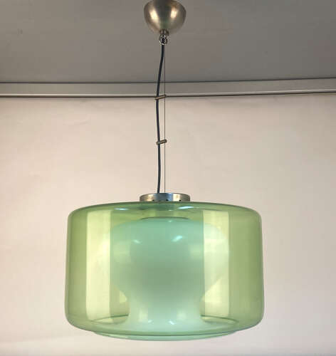 Large Green & Opaline Glass Pendant Attributed to Carlo Nason Mazzega