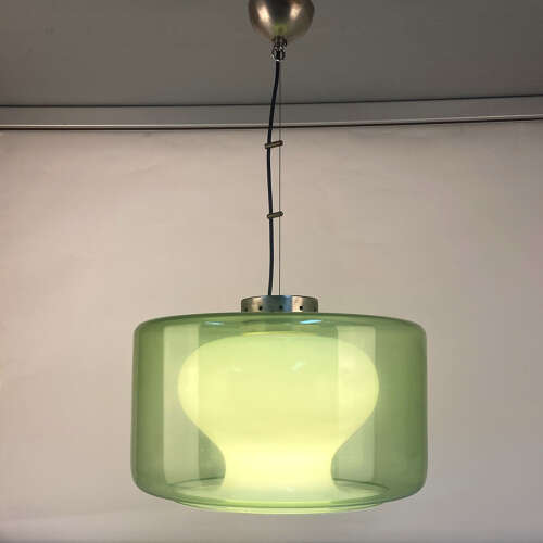 Large Green & Opaline Glass Pendant Attributed to Carlo Nason Mazzega