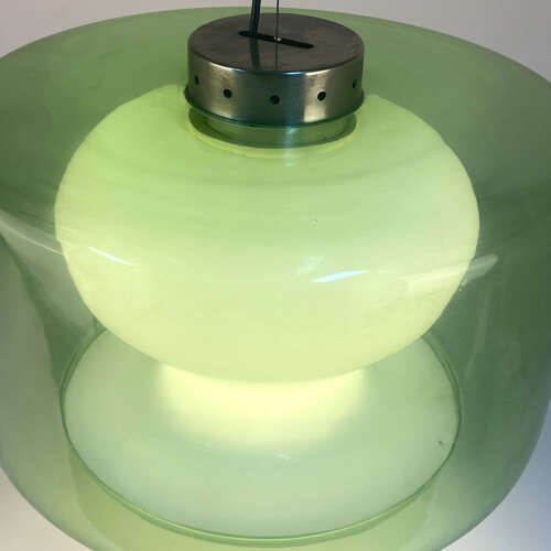 Large Green & Opaline Glass Pendant Attributed to Carlo Nason Mazzega