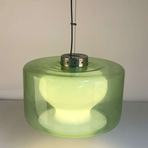 Large Green & Opaline Glass Pendant Attributed to Carlo Nason Mazzega