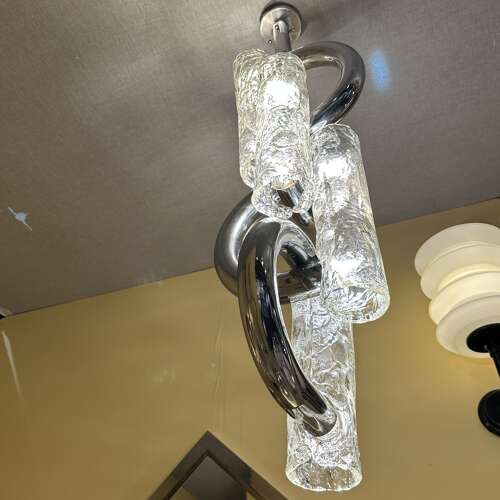 Rare Chandelier by Aldo Nason for Mazzega in Chrome and Murano Glass