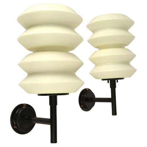 Pair of Large lanterns or Wall Lights opaline glass on black frames at