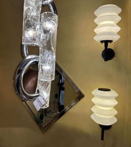 Pair of Large lanterns or Wall Lights opaline glass on black frames at