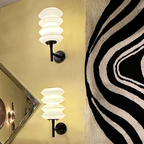 Pair of Large lanterns or Wall Lights opaline glass on black frames at