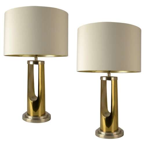 Pair of Table Lamps Cylinder base in Brass and Nickel 1970's