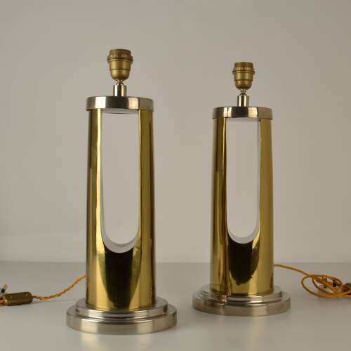 Pair of Table Lamps Cylinder base in Brass and Nickel 1970's