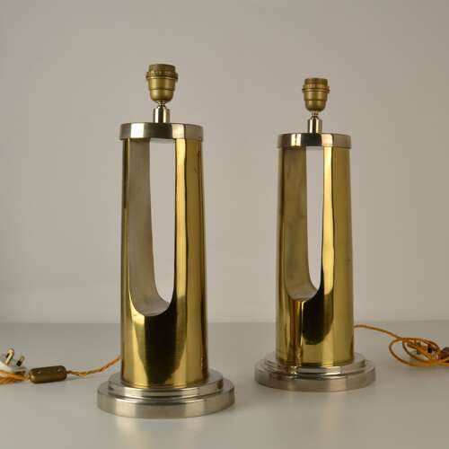 Pair of Table Lamps Cylinder base in Brass and Nickel 1970's