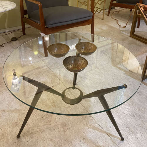 Tripod Round Italian Brass and Glass 1950s Coffee Table