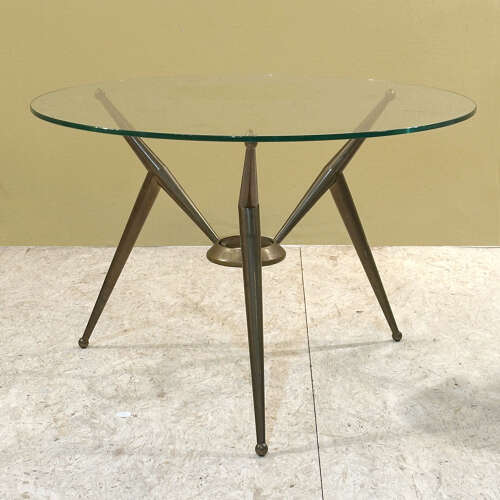 Tripod Round Italian Brass and Glass 1950s Coffee Table
