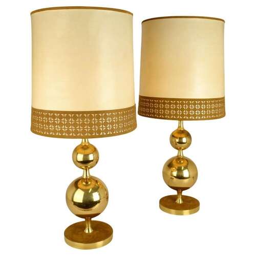 Pair of Parchment Leather Shades Table Lamps on Brass Bases 1970's