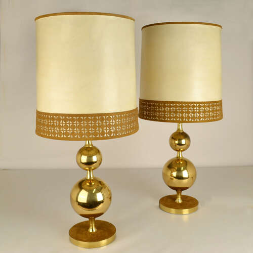 Pair of Parchment Leather Shades Table Lamps on Brass Bases 1970's