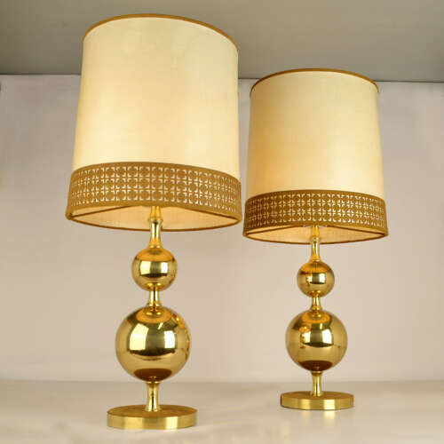 Pair of Parchment Leather Shades Table Lamps on Brass Bases 1970's