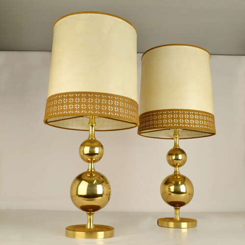 Pair of Parchment Leather Shades Table Lamps on Brass Bases 1970's