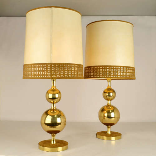 Pair of Parchment Leather Shades Table Lamps on Brass Bases 1970's