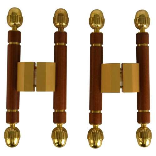 Pair of Classical Push Pull Door Handles in Bronze and Wood