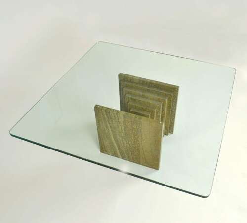 Square Marble Base Coffee Table with Glass Top attributed to Carlo Scarpa