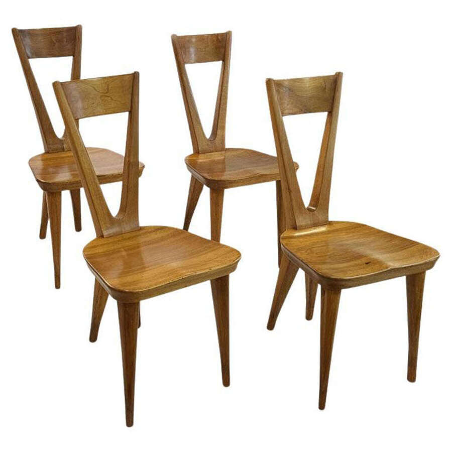 Set of Four Hand Carved Modernist Walnut Chairs, Italy 1940's