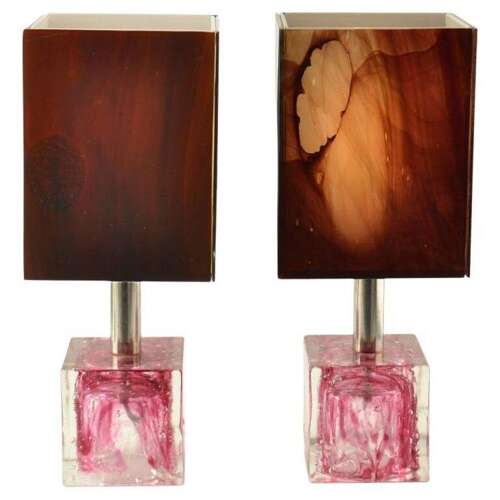 Pair of Cubic Table Lamps Poliarte Pink Glass 1960