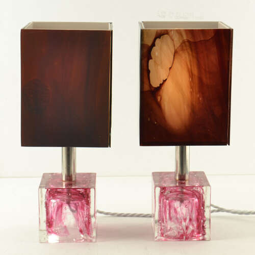 Pair of Cubic Table Lamps Poliarte Pink Glass 1960