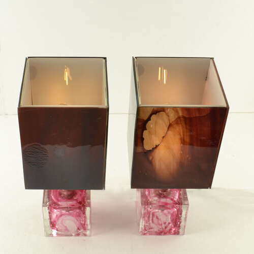 Pair of Cubic Table Lamps Poliarte Pink Glass 1960