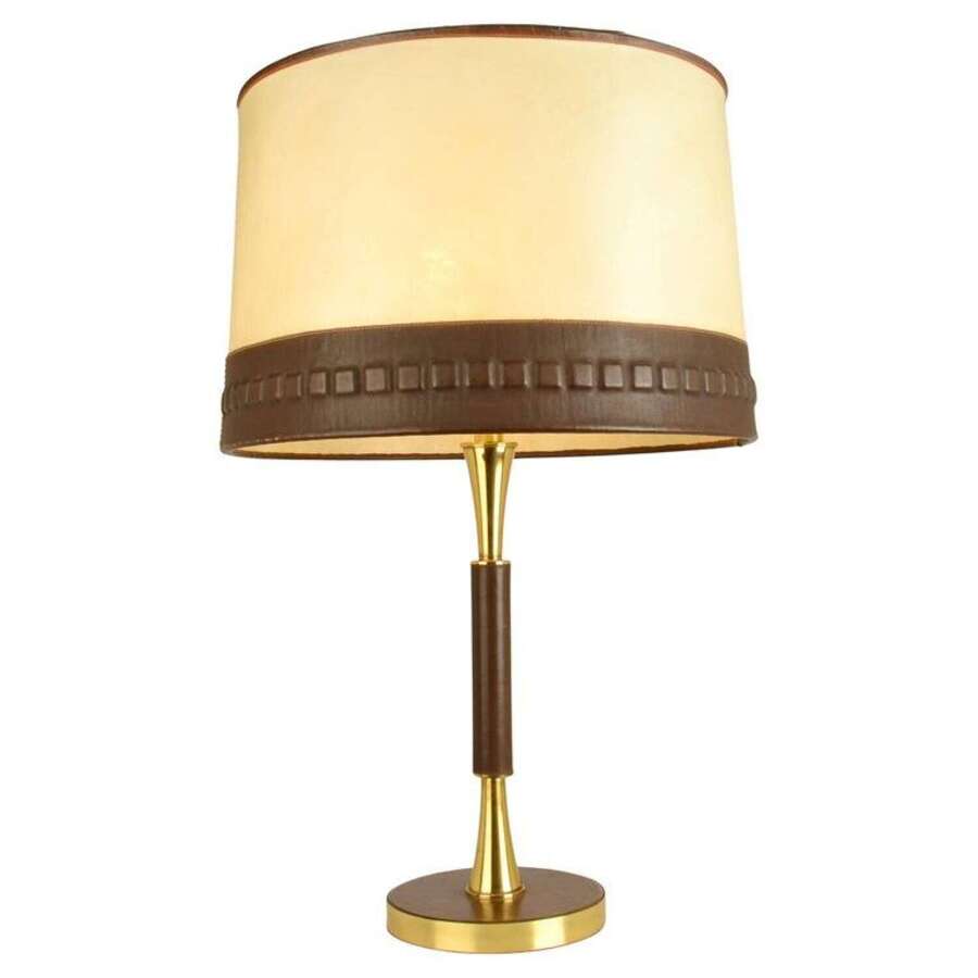 Leather and Brass Table Lamp with parchment shade European 1960's