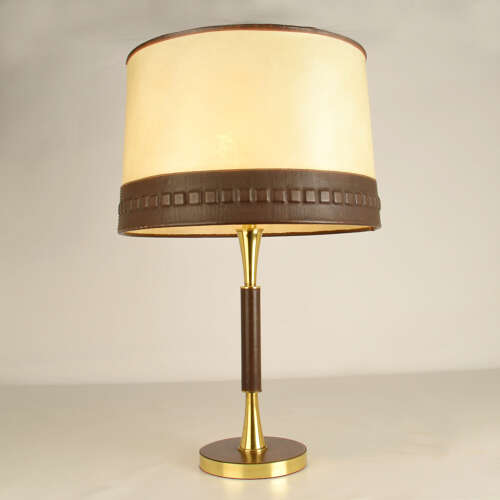 Leather and Brass Table Lamp with parchment shade European 1960's