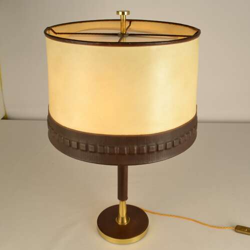 Leather and Brass Table Lamp with parchment shade European 1960's