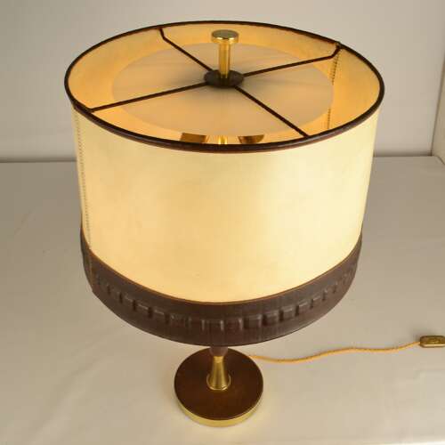 Leather and Brass Table Lamp with parchment shade European 1960's
