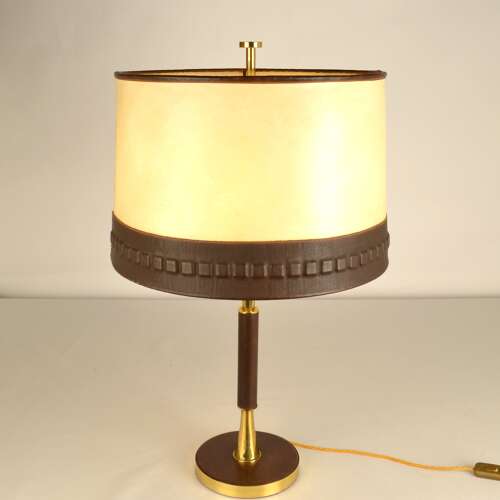 Leather and Brass Table Lamp with parchment shade European 1960's