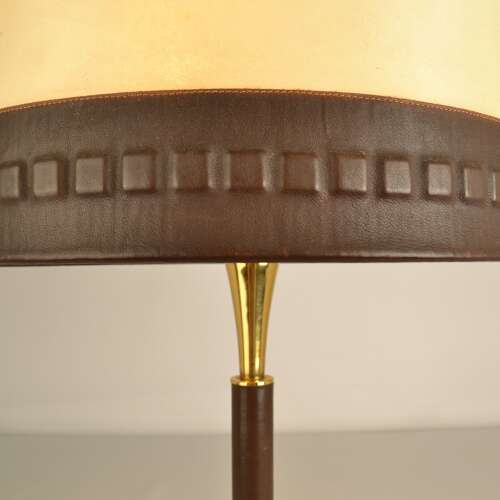 Leather and Brass Table Lamp with parchment shade European 1960's