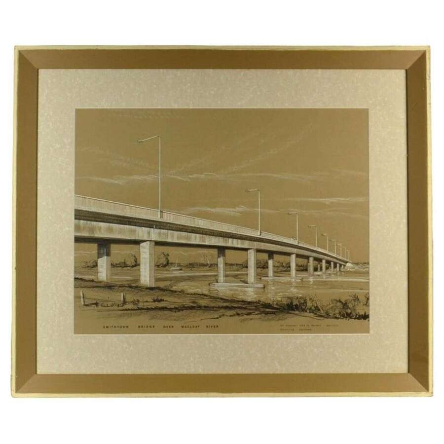 Architectural Drawing of Smithtown Bridge Australia by Gibb 1950's Framed