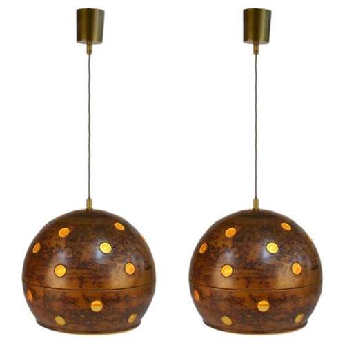 Pair of Nanny Still Copper and Amber Glass Pendant Lamps