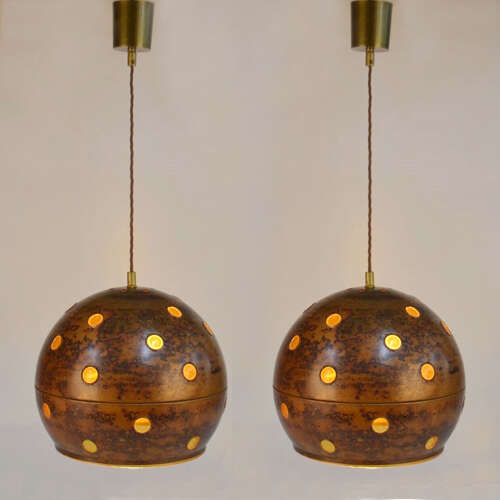 Pair of Nanny Still Copper and Amber Glass Pendant Lamps