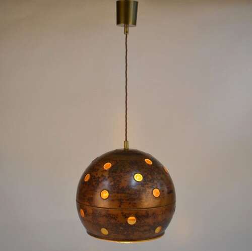 Pair of Nanny Still Copper and Amber Glass Pendant Lamps