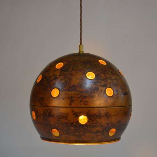 Pair of Nanny Still Copper and Amber Glass Pendant Lamps