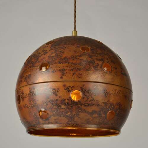 Pair of Nanny Still Copper and Amber Glass Pendant Lamps